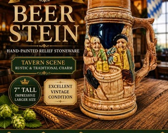 Vintage Japanese Beer Stein | 7" Hand-Painted Relief Stoneware Mug | Tavern Scene | Rustic Barware | Oktoberfest Décor  Collectible Beer Mug
