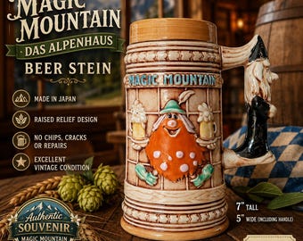 Vintage Magic Mountain Das Alpenhaus Beer Stein Made in Japan | 7" Bavarian Gnome Stein | Collectible Ceramic Mug | Theme Park Souvenir
