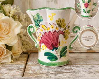 Vintage Hand-Painted Italian Ceramic Vase for FTD – Ruffled Rim with Dual Handles