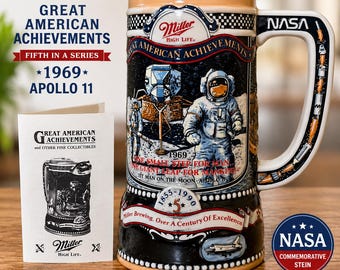 Vintage Miller High Life Great American Achievements Apollo 11 Beer Stein | NASA Moon Landing Commemorative Mug | 1990 Collectible