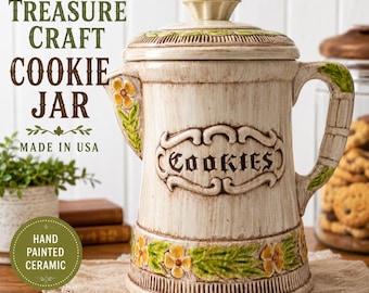 Vintage Treasure Craft Cookie Jar – Made in USA – Large 12" Ceramic Cookie Canister – Hand Painted Farmhouse Kitchen Decor