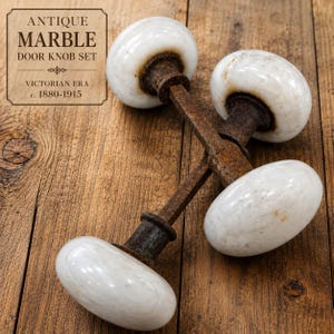 Antique White Marble Door Knob Set | Victorian Architectural Salvage | Original Iron Spindle | Pair of Natural Stone Door Handles