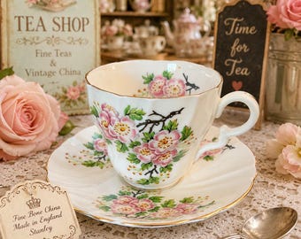 Vintage Stanley Fine Bone China Teacup & Saucer | Made in England | Pink Floral Tea Cup Set | Gold Trim | English Bone China Gift