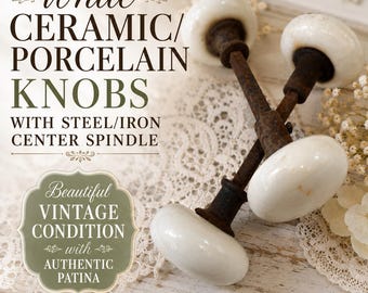 Antique White Porcelain Doorknobs w Iron Spindle, Vintage Architectural Salvage Hardware, Farmhouse Cottage Replacement Doorknobs, 2 Pairs
