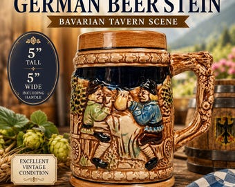 Vintage German Beer Stein – Bavarian Tavern Scene – Rustic Ceramic Beer Mug – Relief Stein – Oktoberfest Decor – Collectible German