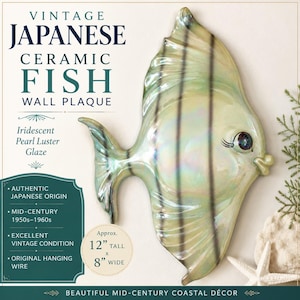 Vintage Japanese Ceramic Fish Wall Plaque | Mid-Century Coastal Wall Decor | Glossy Green & White Art Pottery | Original Wire Hanger