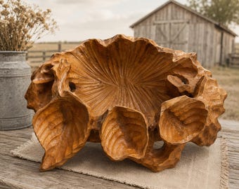 Hand-Carved One-Piece Wooden Sculpture Bowl | Artisan Nature-Inspired Wood Carving | Organic Leaf Design | Rustic Modern Centerpiece