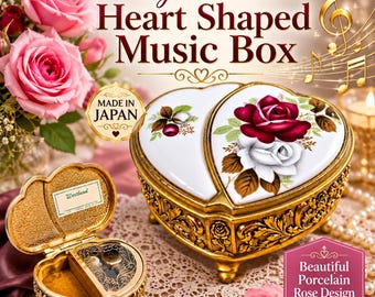 Vintage Westland Heart Shaped Music Box | Porcelain Rose Jewelry Box | Made in Japan | Working Wind-Up Music Box | Romantic Trinket Box
