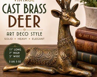 Vintage Cast Brass Deer Sculpture | Art Deco Reclining Gazelle Figurine | Heavy Solid Brass Statue | Hollywood Regency Decor