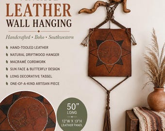 Vintage Hand-Tooled Leather Wall Hanging | Driftwood & Macramé Art | Sun Face Butterfly Design | Boho Southwestern Decor