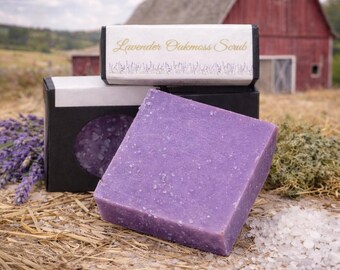 Savon exfoliant à la lavande et à la mousse de chêne - Beurre de karité, exfoliation au sel de mer naturel - Fait main