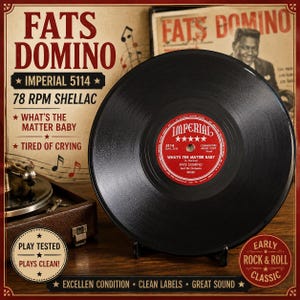 May include: A black 78 RPM shellac phonograph record by Fats Domino on the Imperial label. The red center label features the text What's The Matter Baby and Fats Domino And His Orchestra. The record is displayed with a vintage record player.