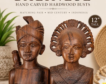 Vintage Balinese Hand-Carved Teak Hardwood Busts Pair | 1950s Indonesian Sculptures | Mid-Century Folk Art | 12 Inch Figures