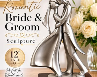 Romantic Bride and Groom Sculpture | Silver Tone Wedding Couple Statue | 12 Inch Anniversary Decor | Elegant Contemporary Art Figurine