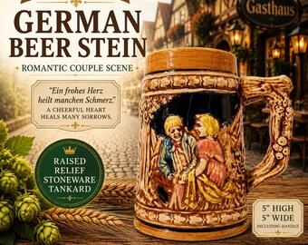 Vintage German Beer Stein – Alpine Village Relief Stein – "Ein Frohes Herz" – Rustic Bavarian Bar Decor – 5" Ceramic Collectible