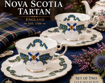 Vintage Adderley Fine Bone China England Nova Scotia Tartan Teacups & Elongated Saucers – 2 Sets – Scottish Heritage Collectible – Gold Trim