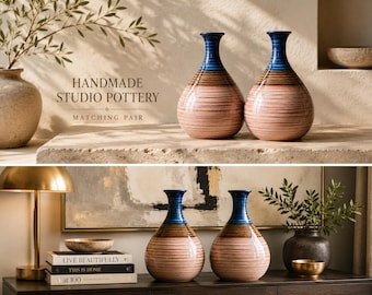 Pair of Large Handmade Studio Art Pottery Vases | Heavy Wheel Thrown Stoneware | Southwestern Modern Decor | 12" Matching Set