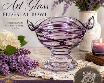 Vintage Poschinger Germany Art Glass Pedestal Bowl, Purple Amethyst Swirl Ruffled Compote, Art Nouveau Bavarian Glass Centerpiece, Signed