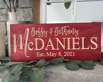 Last Name Sign, Custom Carved Wood, Family Name, Established Date, Wedding, Anniversary Gift