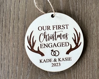 Personalized Our First Christmas Engaged Ornament: Antler Wedding Rings Gift