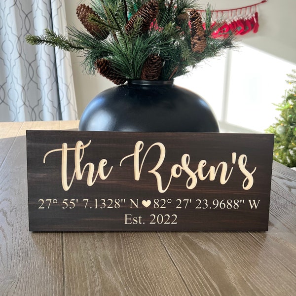 Family Name Coordinate Sign, Wooden sign, Name sign, Home Coordinates, Home Decor, Housewarming Gift, Gift for her, Farmhouse Decor