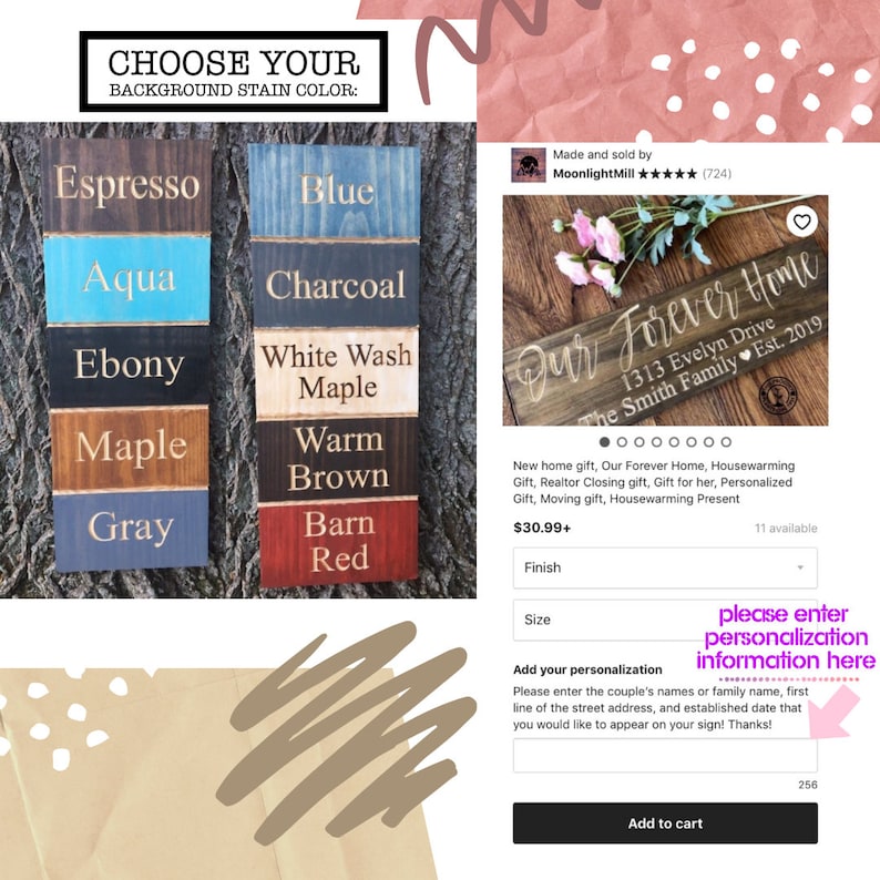 May include: A wooden sign with the text "Our Forever Home" and the address "1313 Evelyn Drive" and the text "The Smith Family Est. 2019". The sign is available in a variety of stain colors, including espresso, aqua, ebony, maple, gray, blue, charcoal, white wash maple, warm brown, and barn red. The sign is a personalized gift for a new home, housewarming, realtor closing, or moving.