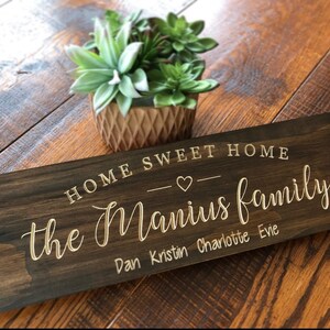 May include: A dark brown wooden sign with the text "Home Sweet Home" and a heart symbol. Below the text is "the Manius family" with the names "Dan, Kristin, Charlotte, Evie" listed underneath.