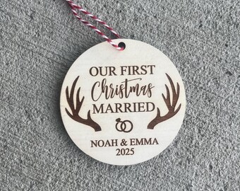 Personalized Our First Christmas Married Ornament, Antlers, Hunting, Wedding Rings, Christmas Gift, New Couple, Outdoorsy, Rustic, Marriage