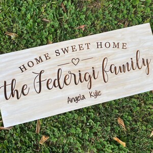 May include: A wooden sign with the text "Home Sweet Home the Federigi family Angela Kylie" in a brown font. The sign has a light wood grain background.