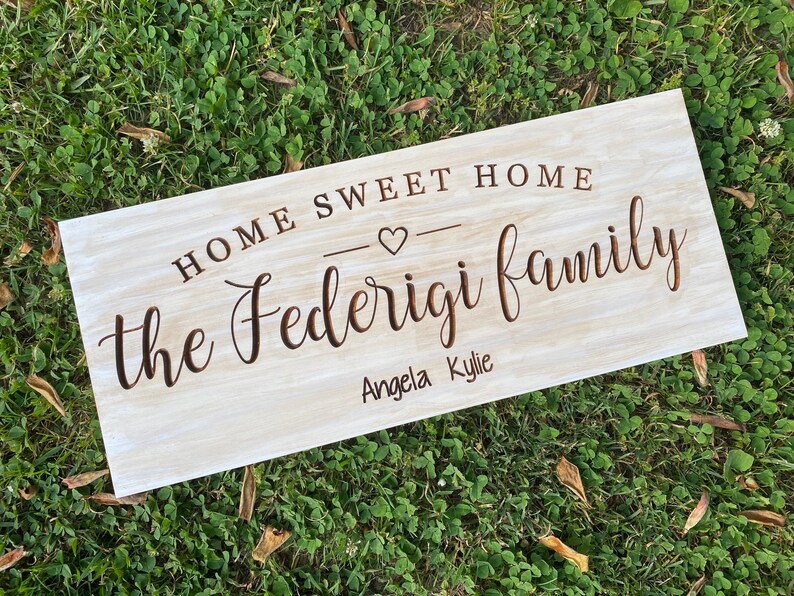 May include: A wooden sign with the text "Home Sweet Home the Federigi family Angela Kylie" in a brown font. The sign has a light wood grain background.