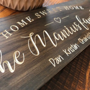 May include: A wooden sign with the text "Home Sweet Home - the Mancus family - Dan Kristin Charlotte Eve" in gold lettering.