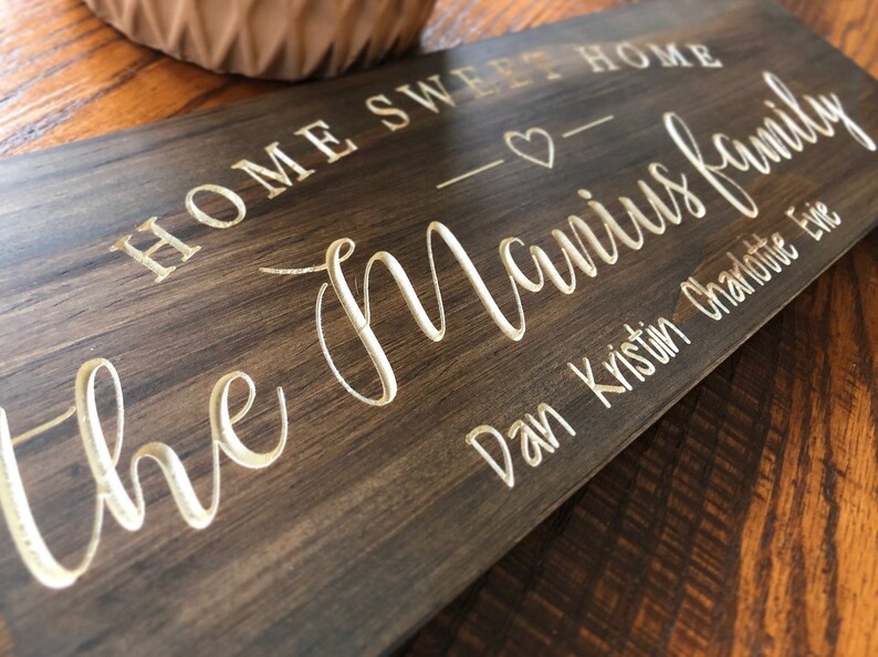 May include: A wooden sign with the text "Home Sweet Home - the Mancus family - Dan Kristin Charlotte Eve" in gold lettering.