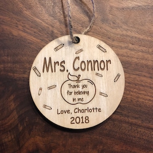 Personalized Teacher Ornament: Engraved Maple Wood, Student Gift
