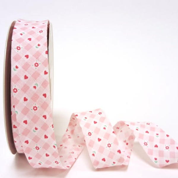 Pink Gingham with Red Hearts and Flowers Floral Bias Binding Tape 100% Cotton 1 Inch Tape 25mm Fantasia Pastel Pink