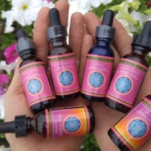 May include: Six small glass bottles with dropper tops, each containing a different colored liquid. The bottles are labeled with the words "Salt Soak", "Sleep", "Protection", "Garlic", "Mother Herb Oil", and "Lavender".