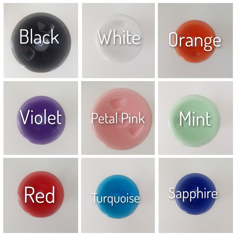 May include: Nine round plastic lids in various colors: black, white, orange, violet, petal pink, mint, red, turquoise, and sapphire.