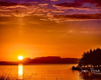 Giant Sunrise - Sleeping Giant, warm sunrise, Canadian art, scenic, lake, Thunder Bay, Ontario, geese, birds, reflection