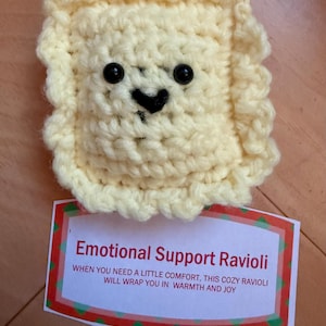 May include: A crocheted ravioli plush toy with a smiling face and black button eyes. The toy has a tag that reads "Emotional Support Ravioli" and "When you need a little comfort, this cozy ravioli will wrap you in warmth and joy."