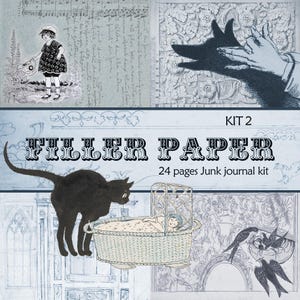 Op de afbeelding: Een collage van illustraties in vintage stijl voor een junk journal kit. De afbeeldingen bevatten een kind, een zwarte kat, een baby in een wieg en schaduwpoppen. De tekst luidt "FILTER PAPER" en "24 pages Junk journal kit."