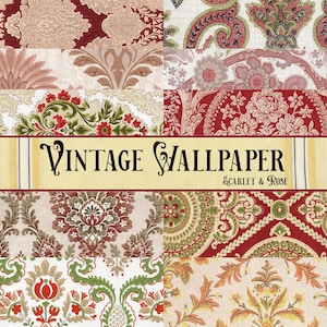 May include: A collage of vintage wallpaper samples in various patterns and colors, including floral, paisley, and damask designs. The text "VINTAGE WALLPAPER" is displayed in a decorative font, with "SCARLET & ROSE" below.
