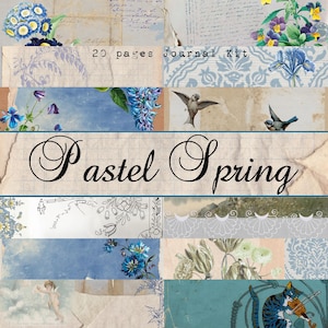 May include: A 20-page journal kit featuring a collage of vintage-style paper textures, floral illustrations in blue and purple, birds in flight, a cat playing a violin, and handwritten script. The text reads 20 pages Journal Kit and Pastel Spring.