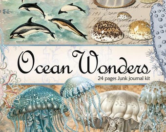 Ocean Wonders, Decoratief oceaan papierpakket, Junk journal papier, Shabby chic zee thema, Afdrukbare scrapbook ephemera, Vintage craft
