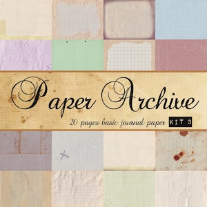 Könnte beinhalten: Eine Sammlung von 20 Seiten einfachem Journalpapier mit dem Titel Paper Archive Kit 3, die verschiedene Texturen und Muster wie kariertes, liniertes und unifarbenes Papier in Beige, Rosa, Grün, Blau und Violett mit Alterungseffekten zeigt.