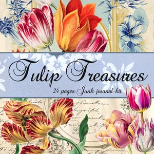 Op de afbeelding: Een digitale junk journal kit getiteld "Tulip Treasures" met kleurrijke tulpenillustraties in tinten rood, oranje, geel en paars. De kit bevat 24 pagina's met vintage bloemen- en scriptachtergronden.