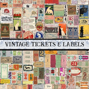 May include: A collage of vintage tickets and labels in various colors, including green, red, and yellow. The text "VINTAGE TICKETS & LABELS" is displayed. The collection features illustrations of cats, animals, and various advertisements.