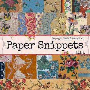 Op de afbeelding: Een collage van vintage papiersnippers met bloemen- en patroonontwerpen in verschillende kleuren, waaronder blauw, bruin en rood. De tekst "Paper Snippets Kit 1" wordt weergegeven op een banner. De kit bevat 24 pagina's.
