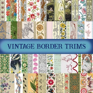 May include: A collection of vintage border trims with various designs, including floral patterns, animal illustrations, and decorative elements. The image features a variety of colors and styles, with the text "VINTAGE BORDER TRIMS" in a blue banner.