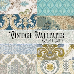 Puede incluir: Un collage de patrones de papel tapiz vintage en tonos de azul, turquesa, beige y verde. La imagen presenta varios diseños florales y de cachemira. El texto central dice "Vintage Wallpaper Royal Blue".