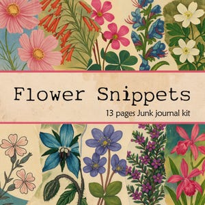Op de afbeelding: Een collage van vintage bloemenillustraties, met roze, blauwe en witte bloemen. De tekst "Flower Snippets" en "13 pages Junk journal kit" staat op een roze banner.