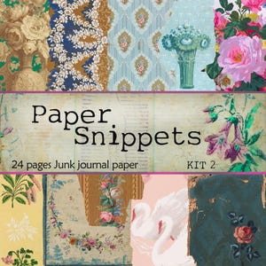 Op de afbeelding: Een collage van papieren snippers in vintage-stijl met bloemen- en patroonontwerpen. De afbeelding bevat verschillende papiersoorten, waaronder rozen, vazen en zwanenillustraties. Tekst op de afbeelding luidt "Paper Snippets" en "24 pages Junk journal paper KIT 2."